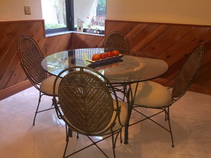 Fabulous Iron & Woven Chairs +Glass Top Indoor/Outdoor Dinette Set