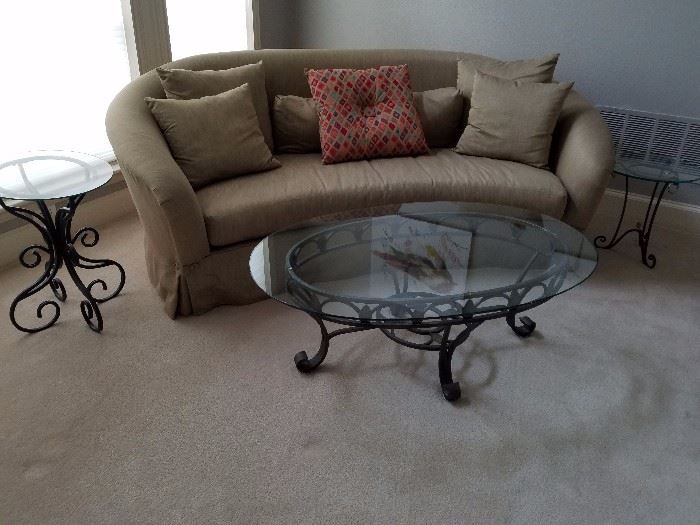 Bernardt sitting room sofa .with 2 
Glass end tables and coffee table