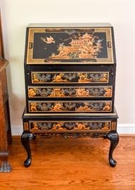 BUY IT NOW!  Lot #400, Black Lacquer Chinoiserie 4-Drawer Secretary Chest (27-1/4" L x 16-1/4" W x 39-1/2" H), Very Good Condition, $250