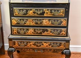BUY IT NOW!  Lot #400, Black Lacquer Chinoiserie 4-Drawer Secretary Chest (27-1/4" L x 16-1/4" W x 39-1/2" H), Very Good Condition, $250