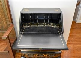 BUY IT NOW!  Lot #400, Black Lacquer Chinoiserie 4-Drawer Secretary Chest (27-1/4" L x 16-1/4" W x 39-1/2" H), Very Good Condition, $250