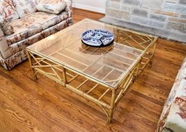 BUY IT NOW!  Lot #402, Bamboo & Glass Cocktail / Coffee Table (Approx. 42" Sq x 17-1/2" H), Very Good Condition, $125