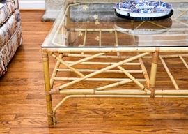 BUY IT NOW!  Lot #402, Bamboo & Glass Cocktail / Coffee Table (Approx. 42" Sq x 17-1/2" H), Very Good Condition, $125