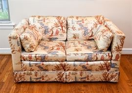 BUY IT NOW!  Lot #403, Pair of Loveseats with Asian Upholstery, (Each is approx. 54-1/2" L x 34" Deep x 26" H), Good Condition, $150 Each