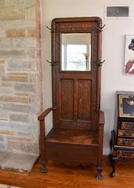 SOLD--Lot #405, Antique Tiger Oak Hall Tree (Approx. 30-1/2" L x 18" W x 77-1/2" H), $300