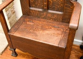 SOLD-Lot #405, Antique Tiger Oak Hall Tree (Approx. 30-1/2" L x 18" W x 77-1/2" H), $300