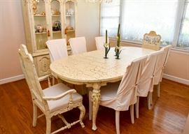 BUY IT NOW!  Lot #408, French Country Painted Crackle Finish Dining Table with 2 Captains Chairs & 6 Side Chairs, Comes with 2 Leaves (Approx. 66" L x 44" W x 30" H, Leaves add 18" each), $500