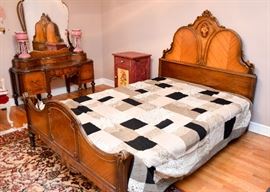 BUY IT NOW!  Lot #412, Gorgeous 4-Piece Vintage Art Deco Bedroom Set (Includes Full Size Bed, Vanity, Lowboy Dresser w Mirror & Highboy Dresser), $1,800