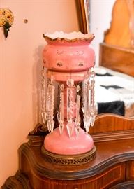 Pair of Antique Pink Glass Table Lamps with Crystals
