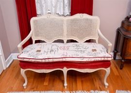 BUY IT NOW!  Lot #413, Ivory Painted 2-Seat Bench with Cushions, French Script (Approx. 45" L x 21" Deep x 33-1/4" H), $225