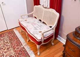 BUY IT NOW!  Lot #413, Ivory Painted 2-Seat Bench with Cushions, French Script (Approx. 45" L x 21" Deep x 33-1/4" H), $225