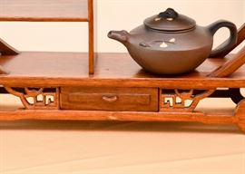 Asian Wooden Display Stand & Chinese Clay Teapots