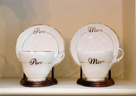 French Script Teacups (Father & Mother), Regency Bone China, England