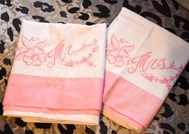 Vintage "Mr. & Mrs." Embroidered Pillowcases (Pink)