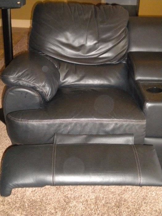 Leather reclining theater seating for 3 with storage/cup holders