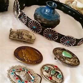 Coin Silver Concho Belt and Silver Buckles