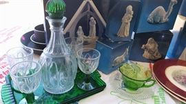 Avon Emerald decanter Set, Cambridge glass cup saucer