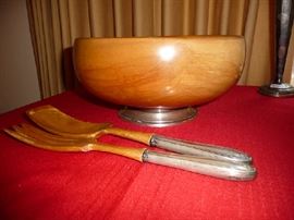 WOOD SALAD BOWL & UTENSILS W/STERLING BASE & HANDLES