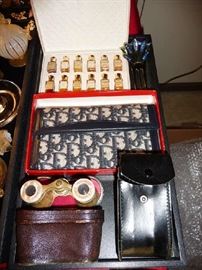 PERFUME, CHRISTIAN DIOR WALLET, MOTHER OF PEARL BINOCULARS