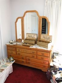 Oak dresser with triple mirror