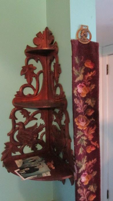 Walnut Wall Curio Stand and Needle Point Bell Ringer