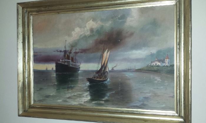 George wilking ca. 1906 Oil Canvas Maritime scene probably Lusitania on British Coast