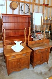 Early American style china hutch and antique wash stands