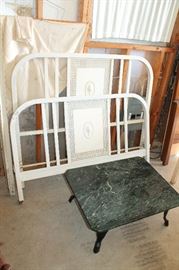 Vintage full metal bed and low marble-top table with iron legs