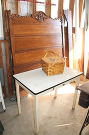 Enamel-top table and antique oak full bed