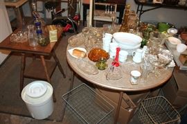 Antique end table, vintage glassware, wire baskets
