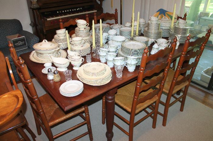 Dining table with 2 leaves - set of 6 Tell City rush seat ladder back chairs - several sets of vintage dishes / china