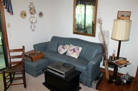 Upholstered sofa, ottoman, lamp end table, rocking chair, mirror