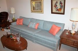 Upholstered sofa, Hekman end tables, oval coffee table, lamps, artwork