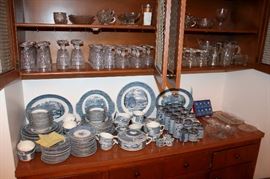 Large set of Currier & Ives blue dishes and collection of Imperial "Cape Cod" glassware