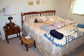 Drexel king bed and nightstand, vintage quilts