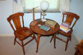 Table and chairs, vintage milk glass lamp