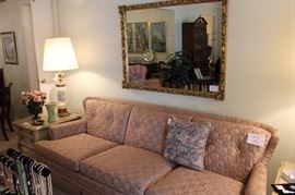Large like new living room sofa , heavy gilded wood mirror