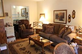 Living room full - brand new loveseat, recliner, rug, end tables, entertainment center, artwork