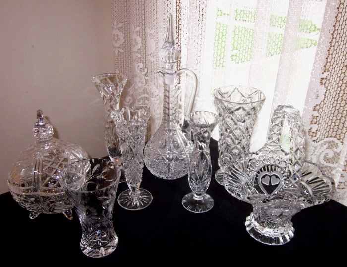 Vintage cut crystal: Decanter, vases, covered candy dish, basket