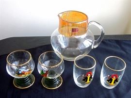 Hand made Avitra crystal pitcher, Bulgaria.  Small German footed snifters and two small glasses.