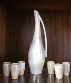 Vintage  FS Romanian pitcher with six small cups.  Beautiful multi-colored lustre with gold trim.  Pitcher measures 13-1/2" tall