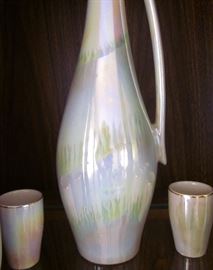 Vintage  FS Romanian pitcher with six small cups.  Beautiful multi-colored lustre with gold trim.  Pitcher measures 13-1/2" tall