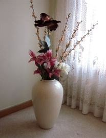 Large ceramic floor vase (San Miguel) with silk flowers.  Vase measures 17" tall.