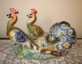 Vintage porcelain peacocks, hand painted, 22K gold accents, Italy.  16-1/2" x 13"