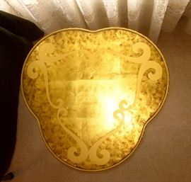 Grecian side table, very heavy, hand painted, gold leaf, glass top.  19-1/2" wide, 21-1/2" tall.