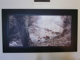 Large framed black and white "River's Edge" landscape.  42-1/2" x 24-1/2"