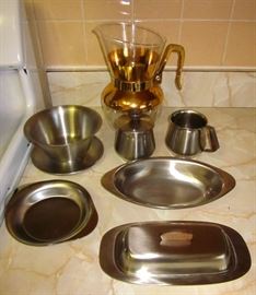 Retro brushed stainless steel creamer, sugar bowl, sauce bowl, 2 trays and butter dish.  Mid century gold banded coffee server.