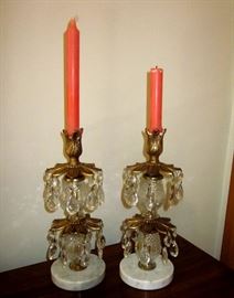 Vintage crystal, metal and marble candlesticks, 12" tall.