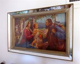 Large vintage shadow box framed Holy Family.  Picture is glitter embellished, frame is gold veined mirror.  31-1/2" wide,20" tall, 3" deep