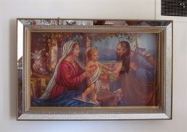 Large vintage shadow box framed Holy Family.  Picture is glitter embellished, frame is gold veined mirror.  31-1/2" wide,20" tall, 3" deep